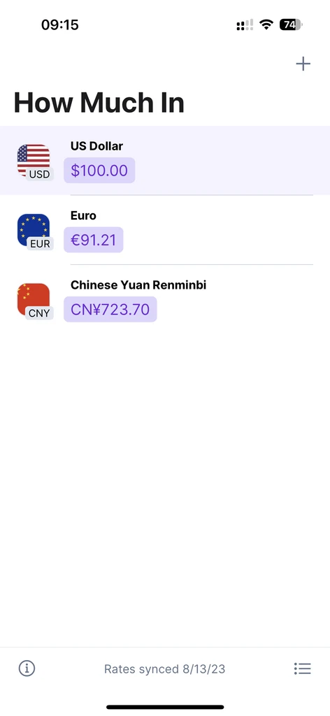 How Much In converter screen showing US Dollar, Euro and Chinese Yuan rates