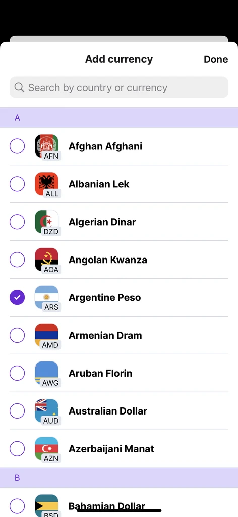 How Much In add-currency screen listing 150+ currencies